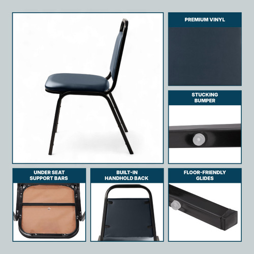 Banquet Chairs Premium Commercial Seating (4 Pack, Vinyl, Midnight Blue, Black Frame)