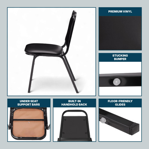 Banquet Chairs Premium Commercial Seating (4 Pack, Vinyl, Panther Black, Black Frame)