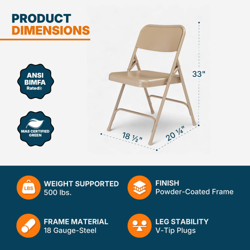 All-Steel Heavy-Duty Folding Chairs, Commercial-Grade Metal Chairs with Dual Braces, 500 lb Capacity (4-Pack, Beige)