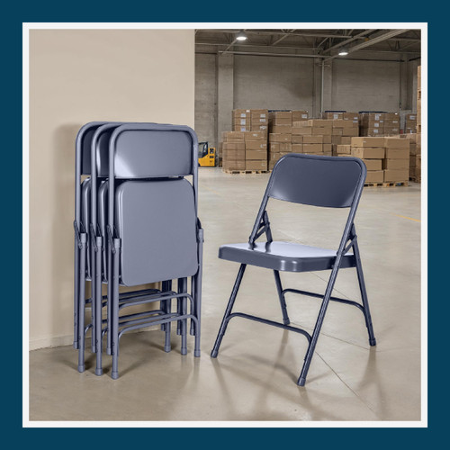 All-Steel Heavy-Duty Folding Chairs, Commercial-Grade Metal Chairs with Dual Braces, 500 lb Capacity (4-Pack, Blue)