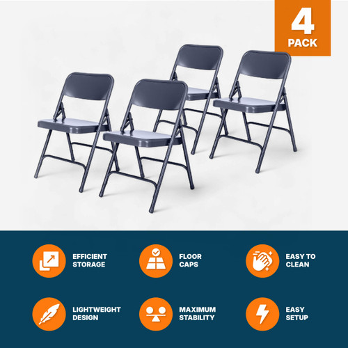 All-Steel Heavy-Duty Folding Chairs, Commercial-Grade Metal Chairs with Dual Braces, 500 lb Capacity (4-Pack, Blue)