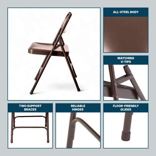 All-Steel Heavy-Duty Folding Chairs, Commercial-Grade Metal Chairs with Dual Braces, 500 lb Capacity (4-Pack, Brown)