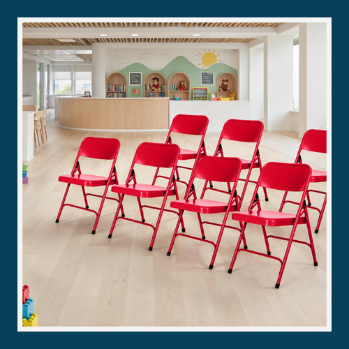 All-Steel Heavy-Duty Folding Chairs, Commercial-Grade Metal Chairs with Dual Braces, 500 lb Capacity (4-Pack, Red)