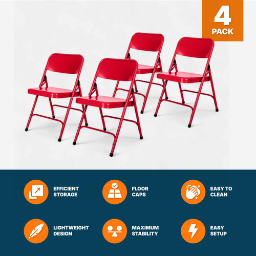 All-Steel Heavy-Duty Folding Chairs, Commercial-Grade Metal Chairs with Dual Braces, 500 lb Capacity (4-Pack, Red)