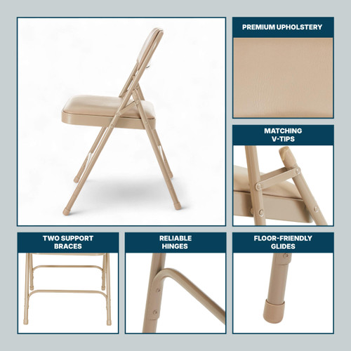 Premium Heavy Duty Vinyl Padded Folding Chairs, Commercial Grade 500 lb Capacity (4-Pack, French Beige)