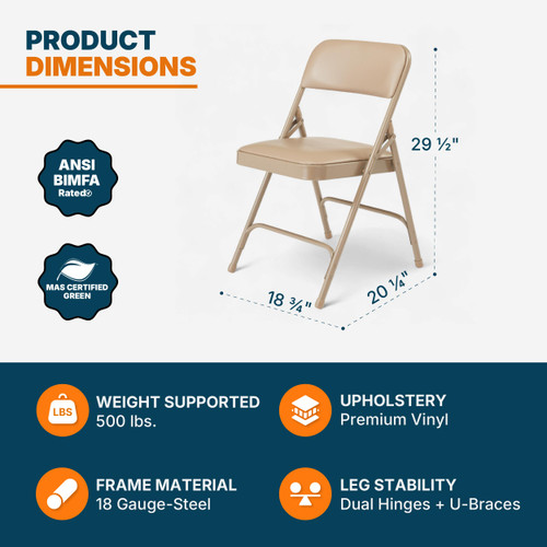 Premium Heavy Duty Vinyl Padded Folding Chairs, Commercial Grade 500 lb Capacity (4-Pack, French Beige)