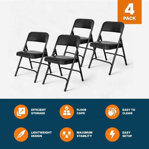 Premium Heavy Duty Vinyl Padded Folding Chairs, Commercial Grade 500 lb Capacity (4-Pack, Classic Black)