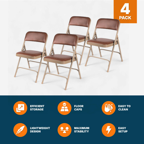 Premium Heavy Duty Vinyl Padded Folding Chairs, Commercial Grade 500 lb Capacity (4-Pack, Honey Brown)