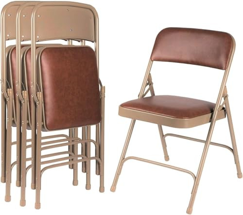 Premium Heavy Duty Vinyl Padded Folding Chairs, Commercial Grade 500 lb Capacity (4-Pack, Honey Brown)