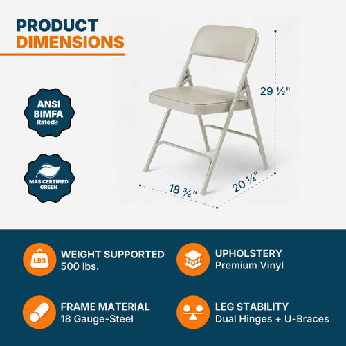 Premium Heavy Duty Vinyl Padded Folding Chairs, Commercial Grade 500 lb Capacity (4-Pack, Warm Gray)