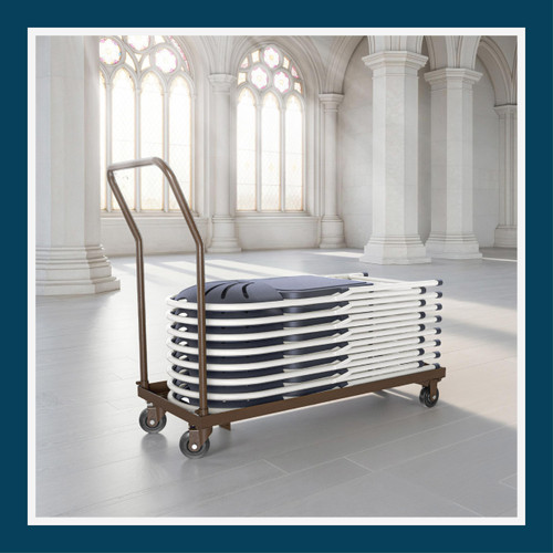 Folding Chair Dolly, Premium Commercial Heavy Duty Steel Cart (Horizontal Stacking, Long Bed for Taller Chairs, Fits  and Most Folding Chairs, 1100 lb, Swivel Casters)