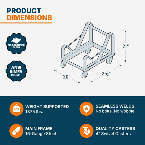 Stack Chair Dolly, Premium Commercial Heavy Duty Steel Cart with Wheels (Vertical Stacking Cradle, Fits and Most Stacking & Sled Chairs, 1375 lb, Swivel Casters)