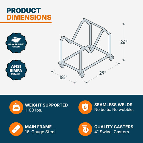 Stack Chair Dolly, Premium Commercial Heavy Duty Steel Cart (Vertical Stacking Cradle, Fits OEF8700 & OEF8800 and Most Stacking & Sled Chairs, 1100 lb, Swivel Casters)