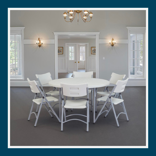 Round Commercial-Grade Premium Industrial Folding Table, Heavy-Duty Blow-Molded Design with Thick Top and 17-Gauge Steel Frame (48" Diameter, Speckled Gray Top)