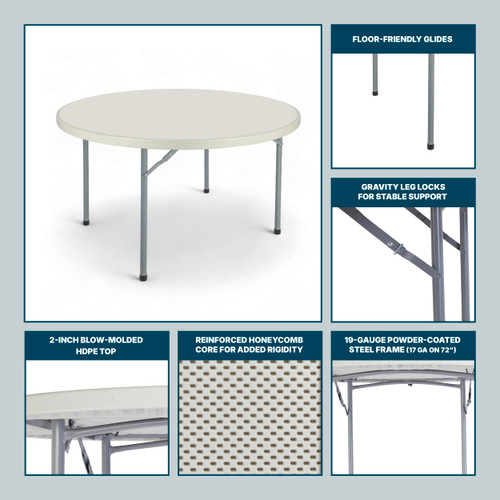 Round Commercial-Grade Premium Industrial Folding Table, Heavy-Duty Blow-Molded Design with Thick Top and 17-Gauge Steel Frame (48" Diameter, Speckled Gray Top)