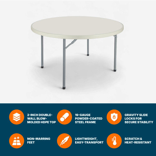 Round Commercial-Grade Premium Industrial Folding Table, Heavy-Duty Blow-Molded Design with Thick Top and 17-Gauge Steel Frame (48" Diameter, Speckled Gray Top)