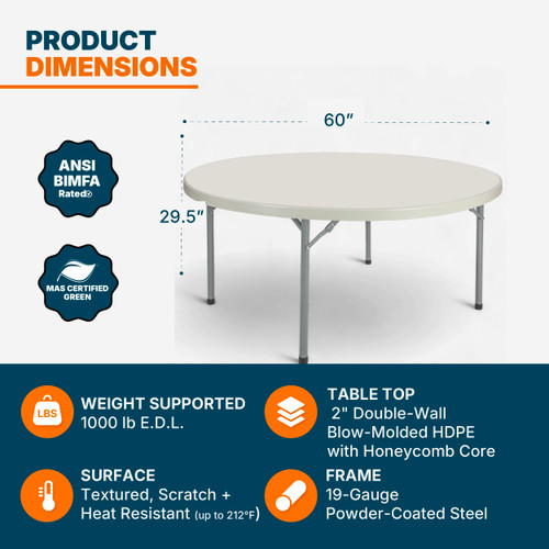 Round Commercial-Grade Premium Industrial Folding Table, Heavy-Duty Blow-Molded Design with Thick Top and 17-Gauge Steel Frame (60" Diameter, Speckled Gray Top)