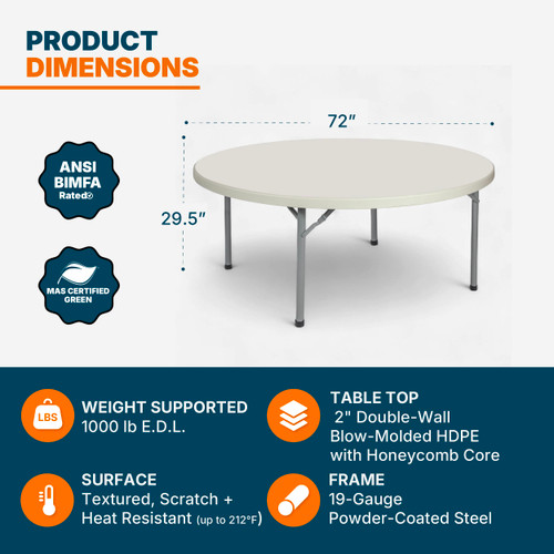 Round Commercial-Grade Premium Industrial Folding Table, Heavy-Duty Blow-Molded Design with Thick Top and 17-Gauge Steel Frame (71" Diameter, Speckled Gray Top)