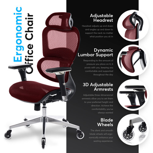 Office Chair with 4D Adjustable Armrest, 3D Lumbar Support and Blade Wheels - Mesh Computer Gaming Rolling Desk Executive Swivel Home Chair (Burgundy Red)