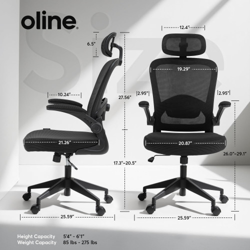Office Chair – Adjustable Lumbar Support, Flip-Up Armrests, Mesh Computer Desk Chair, Swivel Rolling Executive Gaming Chair for Home & Office (Black)
