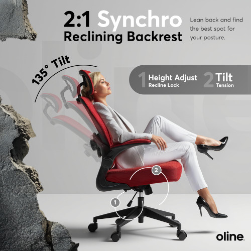 Office Chair – Adjustable Lumbar Support, Flip-Up Armrests, Mesh Computer Desk Chair, Swivel Rolling Executive Gaming Chair for Home & Office (Red)