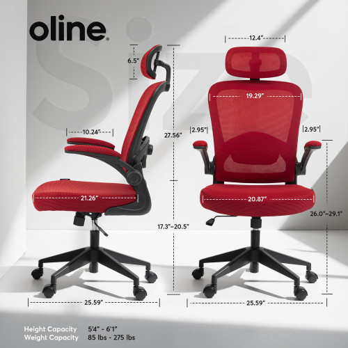 Office Chair – Adjustable Lumbar Support, Flip-Up Armrests, Mesh Computer Desk Chair, Swivel Rolling Executive Gaming Chair for Home & Office (Red)