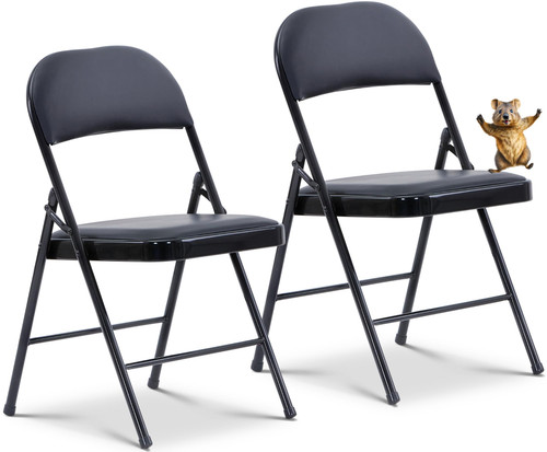(Black, 2 Pack) Vinyl Folding Chairs, Padded Vinyl Cushion Chairs with Durable Metal Frame, Indoor Outdoor Stackable Foldable Guest Chairs for Office Wedding Kitchen Dining, 300lb Capacity.