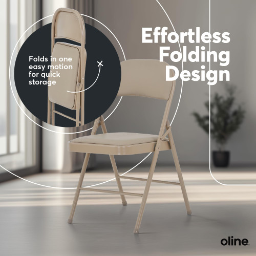  (Khaki, 2 Pack) Vinyl Folding Chairs, Padded Vinyl Cushion Chairs with Durable Metal Frame, Indoor Outdoor Stackable Foldable Guest Chairs for Office Wedding Kitchen Dining, 300lb Capacity.