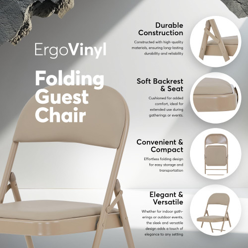  (Khaki, 2 Pack) Vinyl Folding Chairs, Padded Vinyl Cushion Chairs with Durable Metal Frame, Indoor Outdoor Stackable Foldable Guest Chairs for Office Wedding Kitchen Dining, 300lb Capacity.