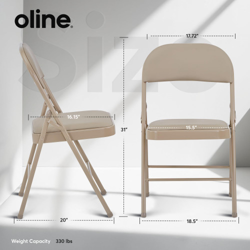 (Khaki, 4 Pack) Vinyl Folding Chairs, Padded Vinyl Cushion Chairs with Durable Metal Frame, Indoor Outdoor Stackable Foldable Guest Chairs for Office Wedding Kitchen Dining, 300lb Capacity.