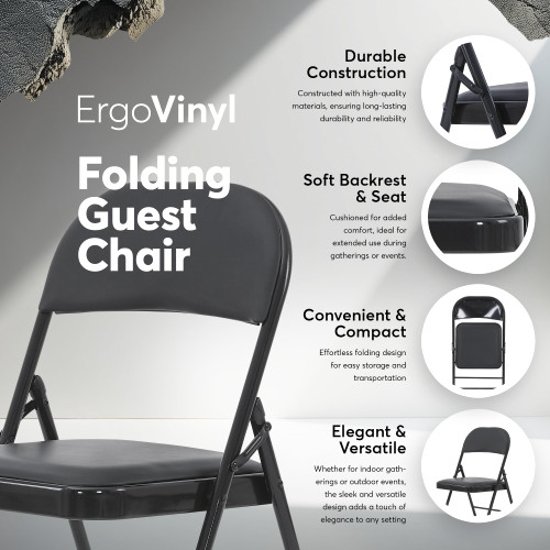 (Black, 6 Pack) Vinyl Folding Chairs, Padded Vinyl Cushion Chairs with Durable Metal Frame, Indoor Outdoor Stackable Foldable Guest Chairs for Office Wedding Kitchen Dining, 300lb Capacity.