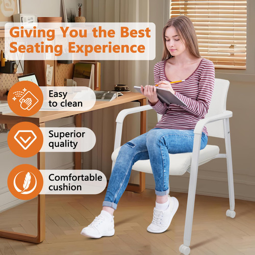 Stacking Office Chairs with Wheels | Mesh Back, Thicken Leather Seat and Streamline Armrests, Ergonomic Lumber Support, Desk, Guest Reception, Waiting, Conference, White