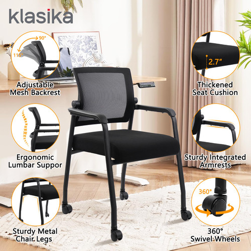 Waiting Room Chairs with Wheels, Adjustable Mesh Backrest, Desk Chair with Ergonomic Lumbar Support and Thickened Seats Cushion, 8 Pack Black