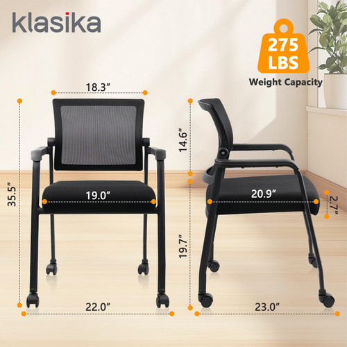 Waiting Room Chairs with Wheels, Adjustable Mesh Backrest, Desk Chair with Ergonomic Lumbar Support and Thickened Seats Cushion, 8 Pack Black
