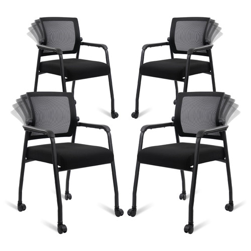 Waiting Room Chairs with Wheels, Adjustable Mesh Backrest, Desk Chair with Ergonomic Lumbar Support and Thickened Seats Cushion, 4 Pack Black