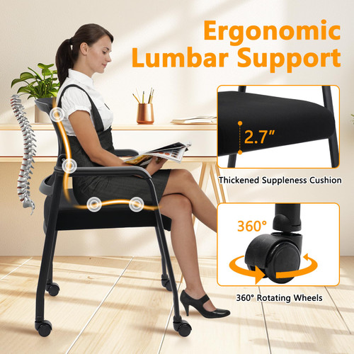 Waiting Room Chairs with Wheels, Adjustable Mesh Backrest, Desk Chair with Ergonomic Lumbar Support and Thickened Seats Cushion, 4 Pack Black