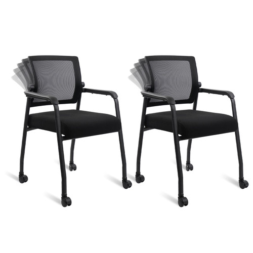 Waiting Room Chairs with Wheels, Adjustable Mesh Backrest, Desk Chair with Ergonomic Lumbar Support and Thickened Seats Cushion, 2 Pack Black