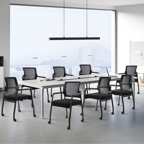 Waiting Room Chairs with Wheels, Adjustable Mesh Backrest, Desk Chair with Ergonomic Lumbar Support and Thickened Seats Cushion, 2 Pack Black