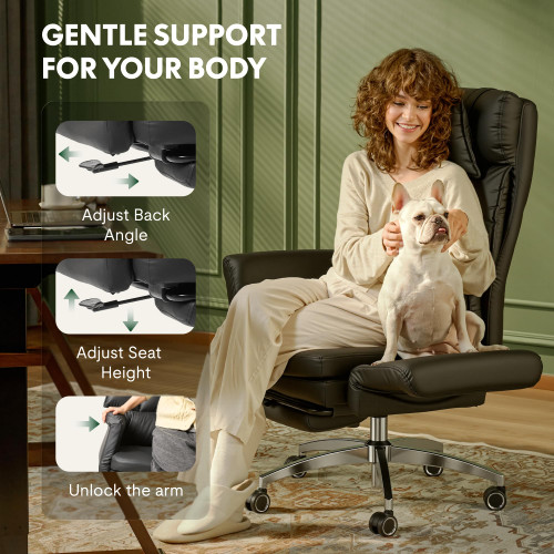 Oversized Big and Tall Office Chair, 180° Flip Armrests for Pets&Cross Legged, Computer Desk Chair with Footrest, Lounge Chairs for Home Office Gaming Working, ScratchSafe Air Leather, Beige