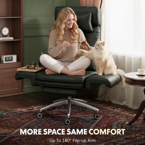 Oversized Big and Tall Office Chair, 180° Flip Armrests for Pets&Cross Legged, Computer Desk Chair with Footrest, Lounge Chairs for Home Office Gaming Working, ScratchSafe Air Leather, Black