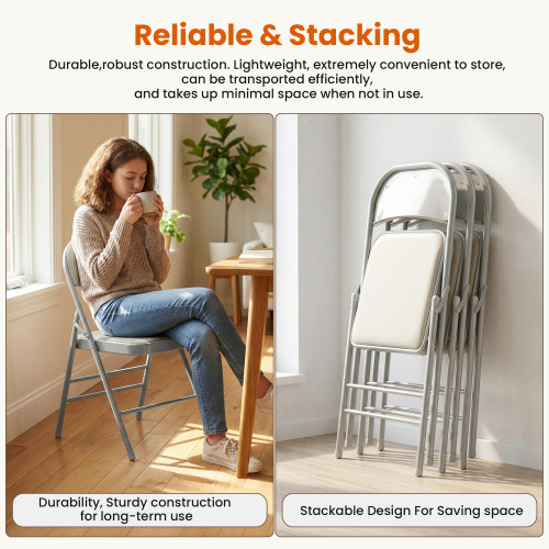 4 Pack Folding Chairs with Padded Cushion, Upgrade Heavy Duty Foldable Chair for Indoor & Outdoor, Portable Stackable Commercial Seat for Party Events Wedding Home Office, Platinum Gray