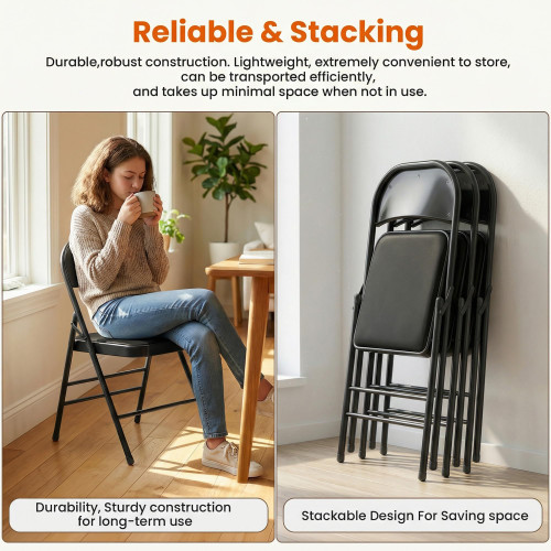 10 Pack Folding Chairs with Padded Cushion, Upgrade Heavy Duty Foldable Chair for Indoor & Outdoor, Portable Stackable Commercial Seat for Parties Events Weddings Home Office, Obsidian Black