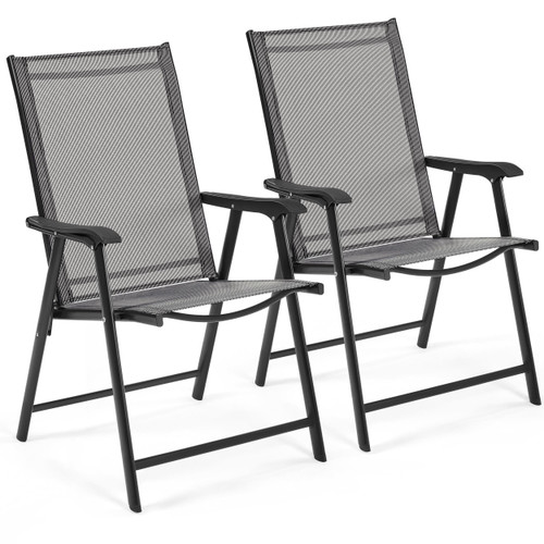 Patio Dining Chairs Set of 2 with Armrests, Outdoor Folding Chairs with Metal Frame and Backrest for Lawn, Garden, Yard and Poolside, Gray