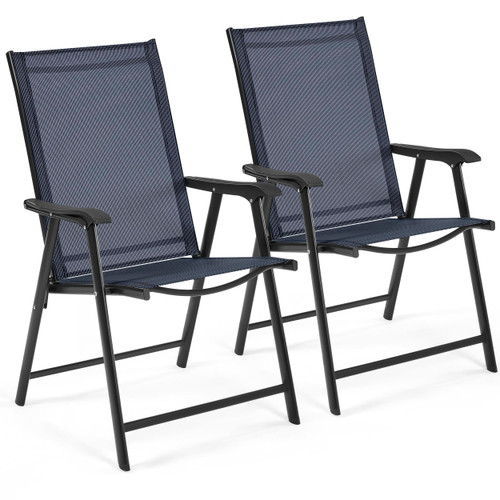 Patio Dining Chairs Set of 2, Portable Dining Chairs with Armrests for Camping, Lawn and Beach, Folding Patio Chairs 2-Pack of Metal Frame, Navy Blue