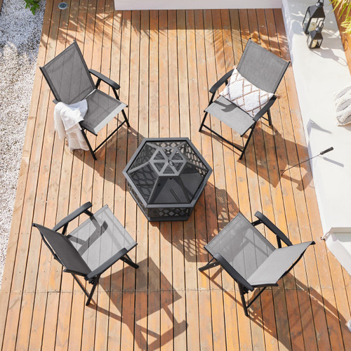 Patio Dining Chairs Set of 4 with Armrests, Outdoor Folding Chairs with Metal Frame and Backrest for Lawn, Garden, Yard and Poolside, Gray