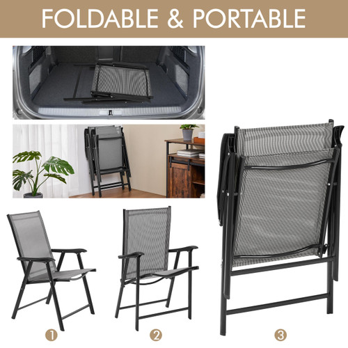 Patio Dining Chairs Set of 4 with Armrests, Outdoor Folding Chairs with Metal Frame and Backrest for Lawn, Garden, Yard and Poolside, Gray