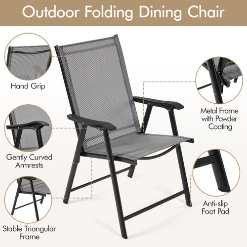 Patio Dining Chairs Set of 4 with Armrests, Outdoor Folding Chairs with Metal Frame and Backrest for Lawn, Garden, Yard and Poolside, Gray