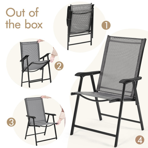 Patio Dining Chairs Set of 4 with Armrests, Outdoor Folding Chairs with Metal Frame and Backrest for Lawn, Garden, Yard and Poolside, Gray