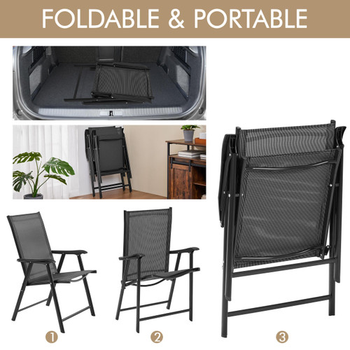 Patio Dining Chairs Set of 4 with Armrests, Outdoor Folding Chairs with Metal Frame and Backrest for Lawn, Garden, Yard and Poolside, Black