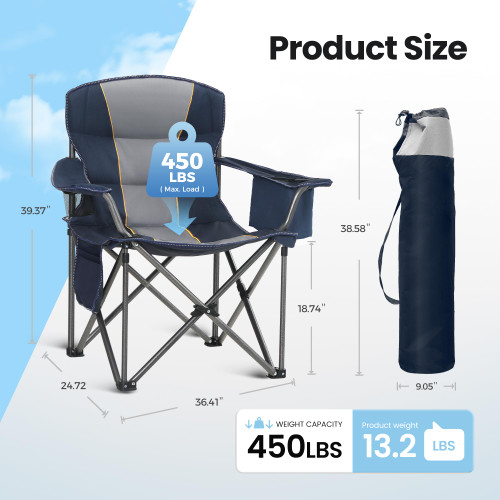 Oversized Portable Camping Folding Chair, Heavy Duty Portable Lawn Chairs, Folding Chairs for Outside with Cup Holder and Cooler Bag for Camp, Travel, Support 450 LBS, 2 Pack,Blue